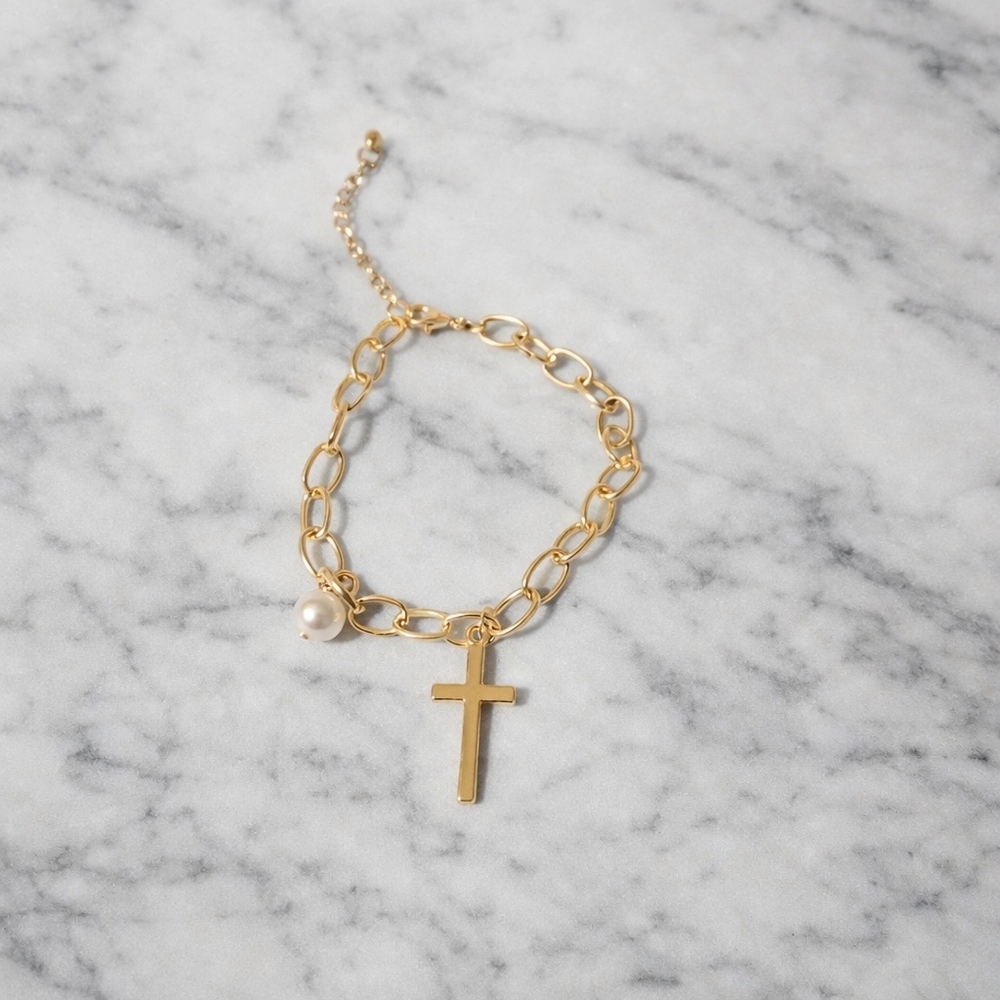 Gold Cross Charm Link Bracelet with Pearl Accent